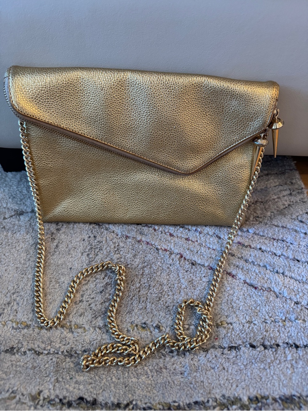 henri bendel Metallic Gold Pebbled Envelope Clutch with Chain